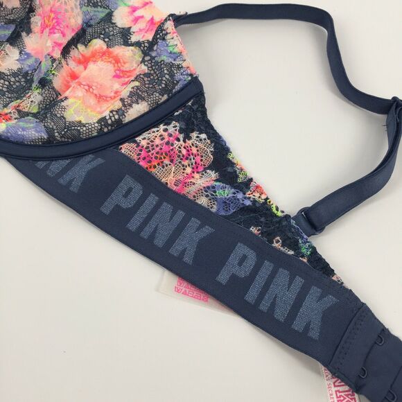 PINK Victoria's Secret Date Push Up Bra 32DD Navy Blue Neon Lace Floral Sexy - Picture 6 of 7